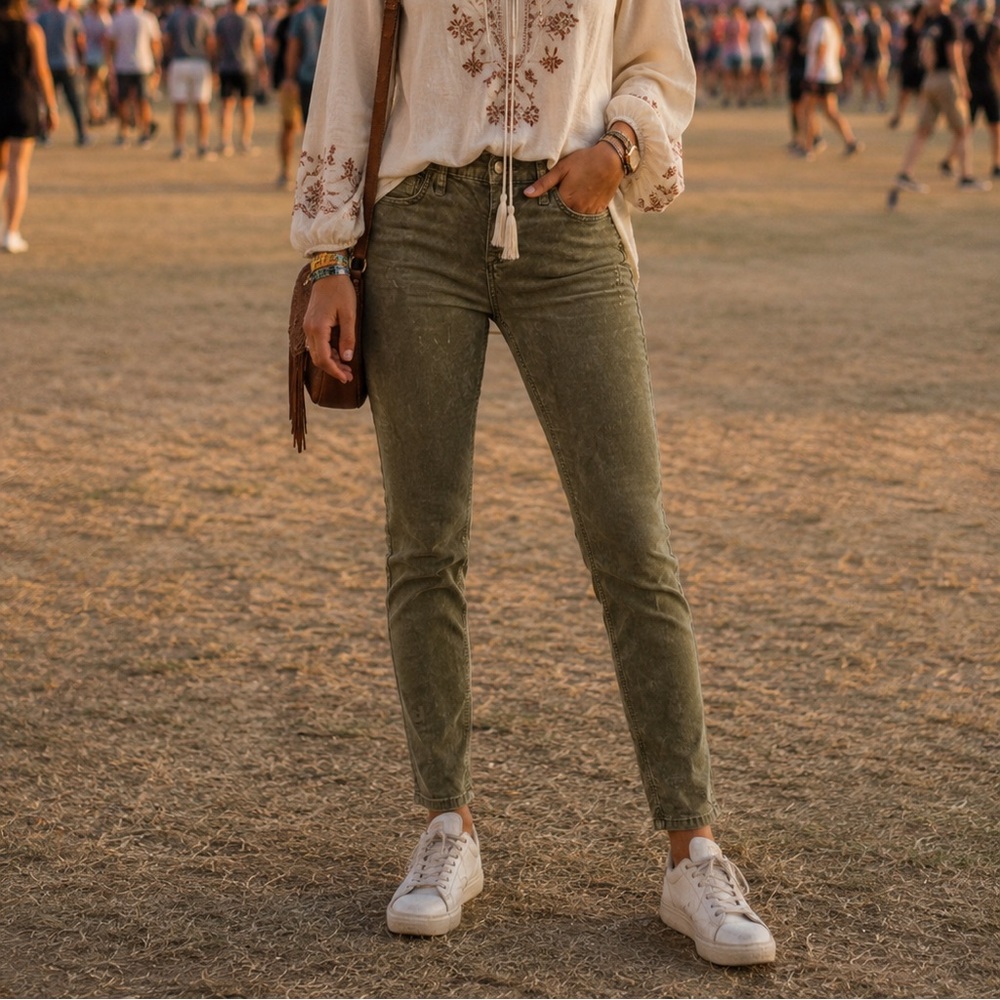 FREE PEOPLE Corduroy Pants Women 28x31” (W31”) Low Rise Olive Slim Boho Festival